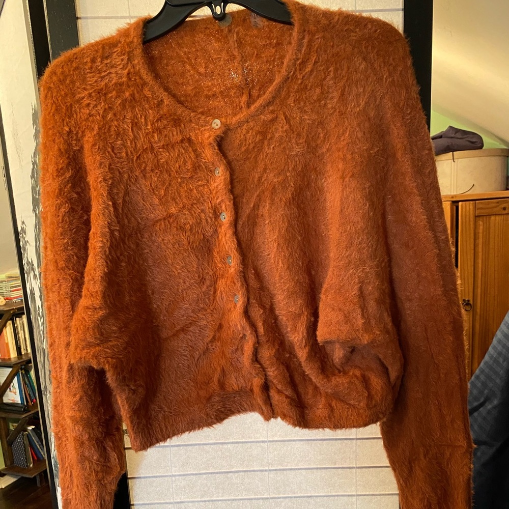 Free People Off-Shoulder Fuzzy Cardigan in Orange - Picture 2 of 5